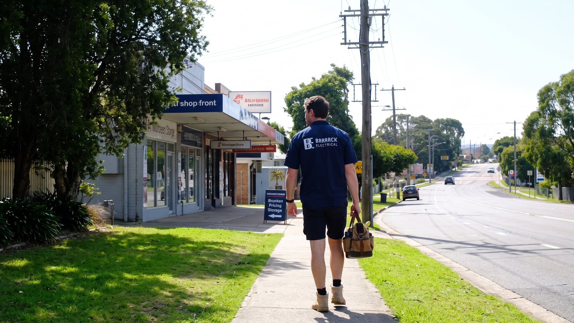 A Barrack Electrical electrician walking the Brunker Road shopping strip at Adamstown with his tool bag