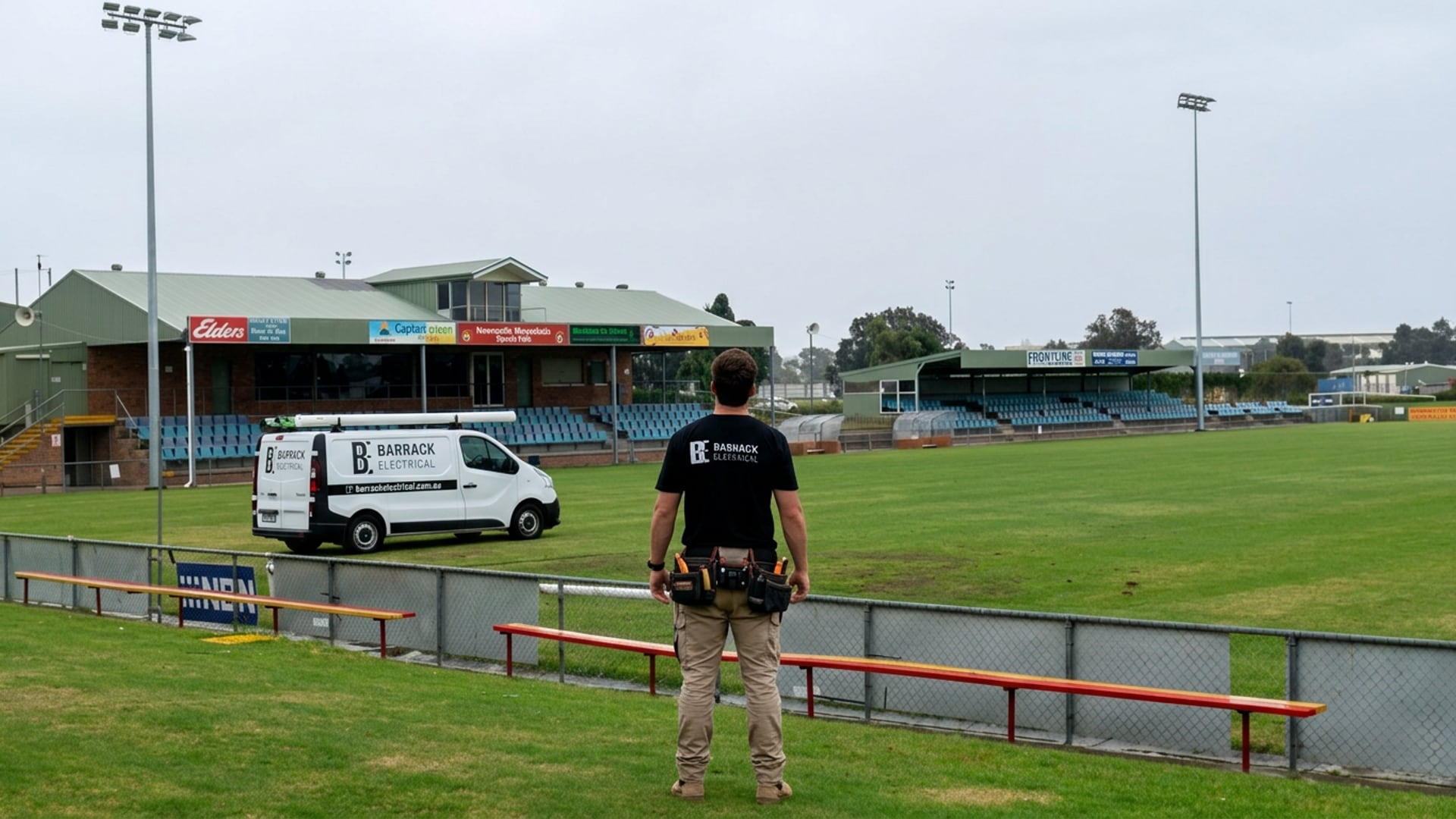A Barrack Electrical electrician at the fence in front of the Wanderers Oval grandstand at Broadmeadow