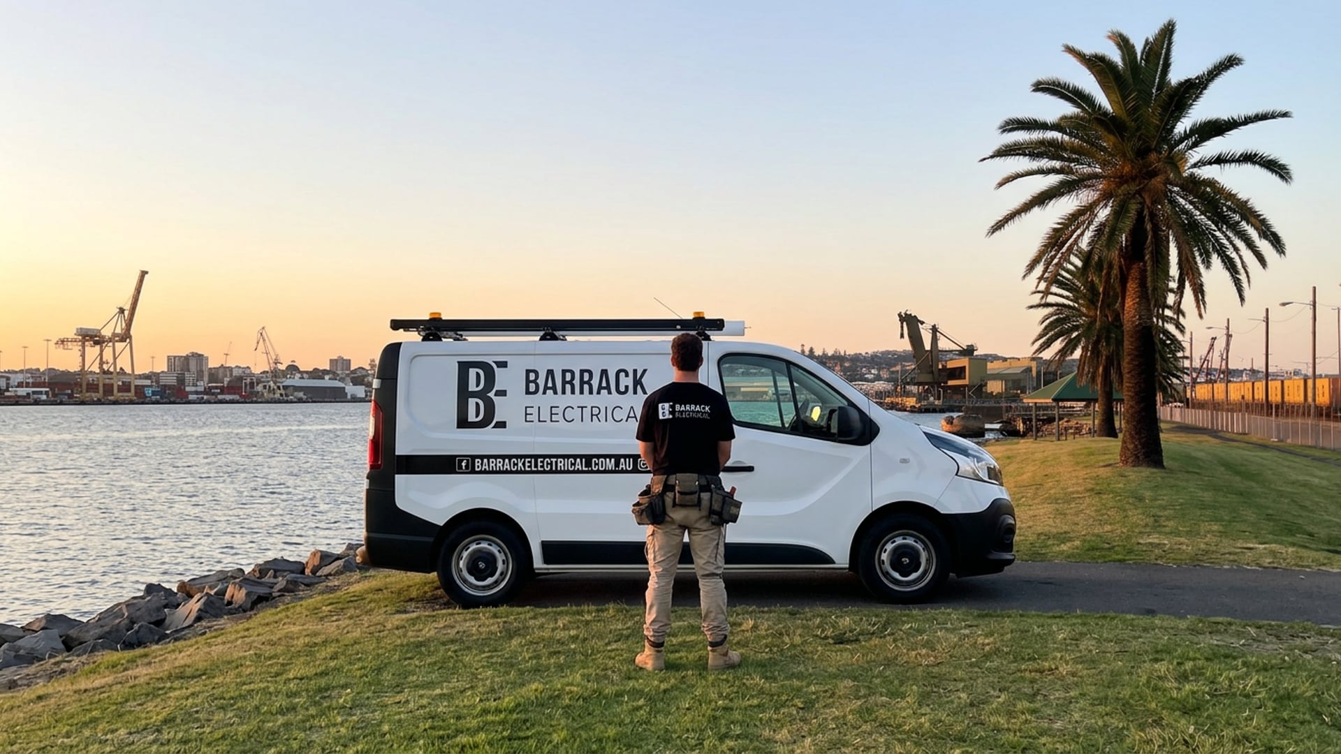 A Barrack Electrical van on the Carrington foreshore with the harbour cranes behind