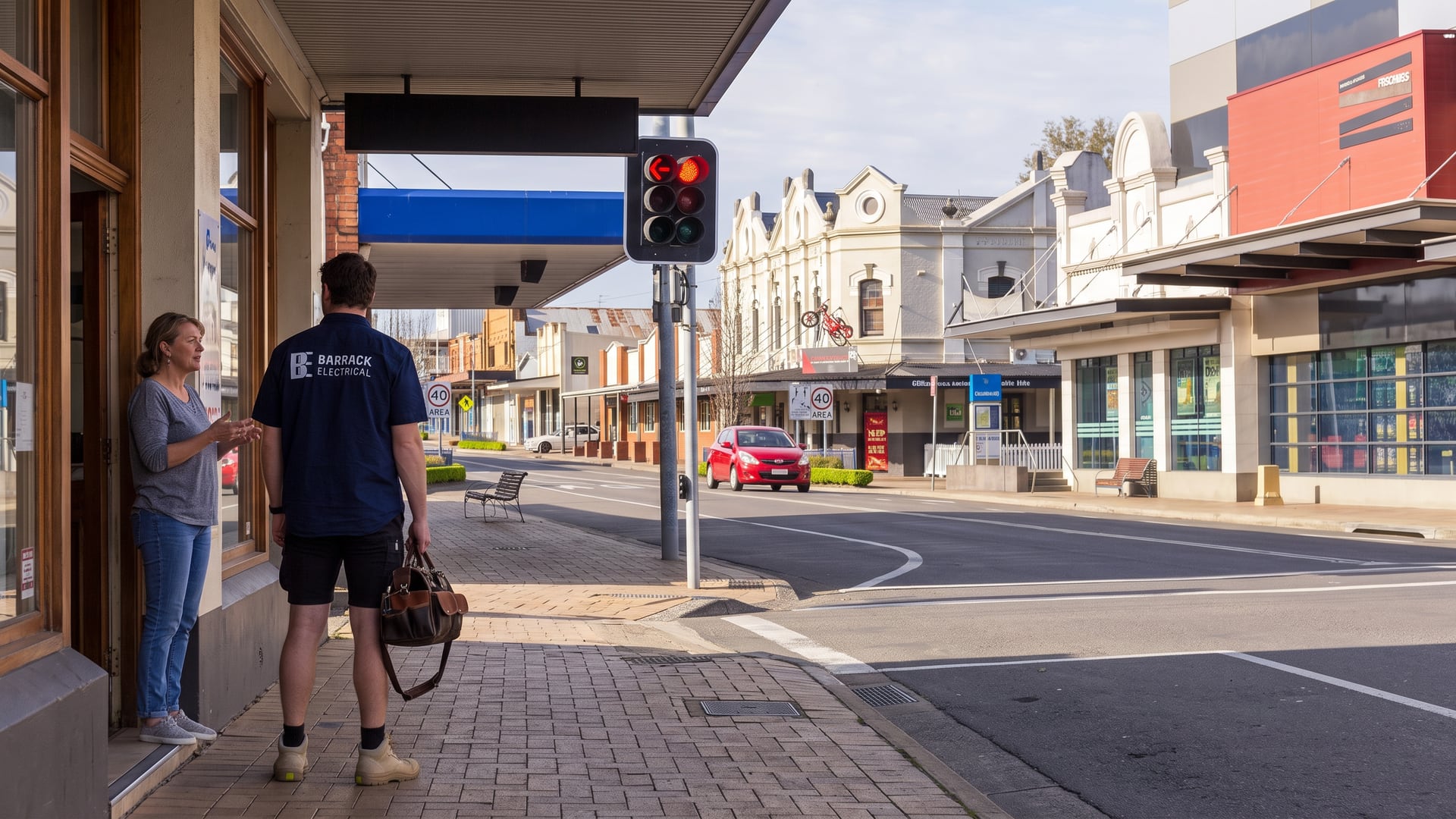 A Barrack Electrical electrician talking with a shopkeeper in a doorway on Vincent Street, Cessnock