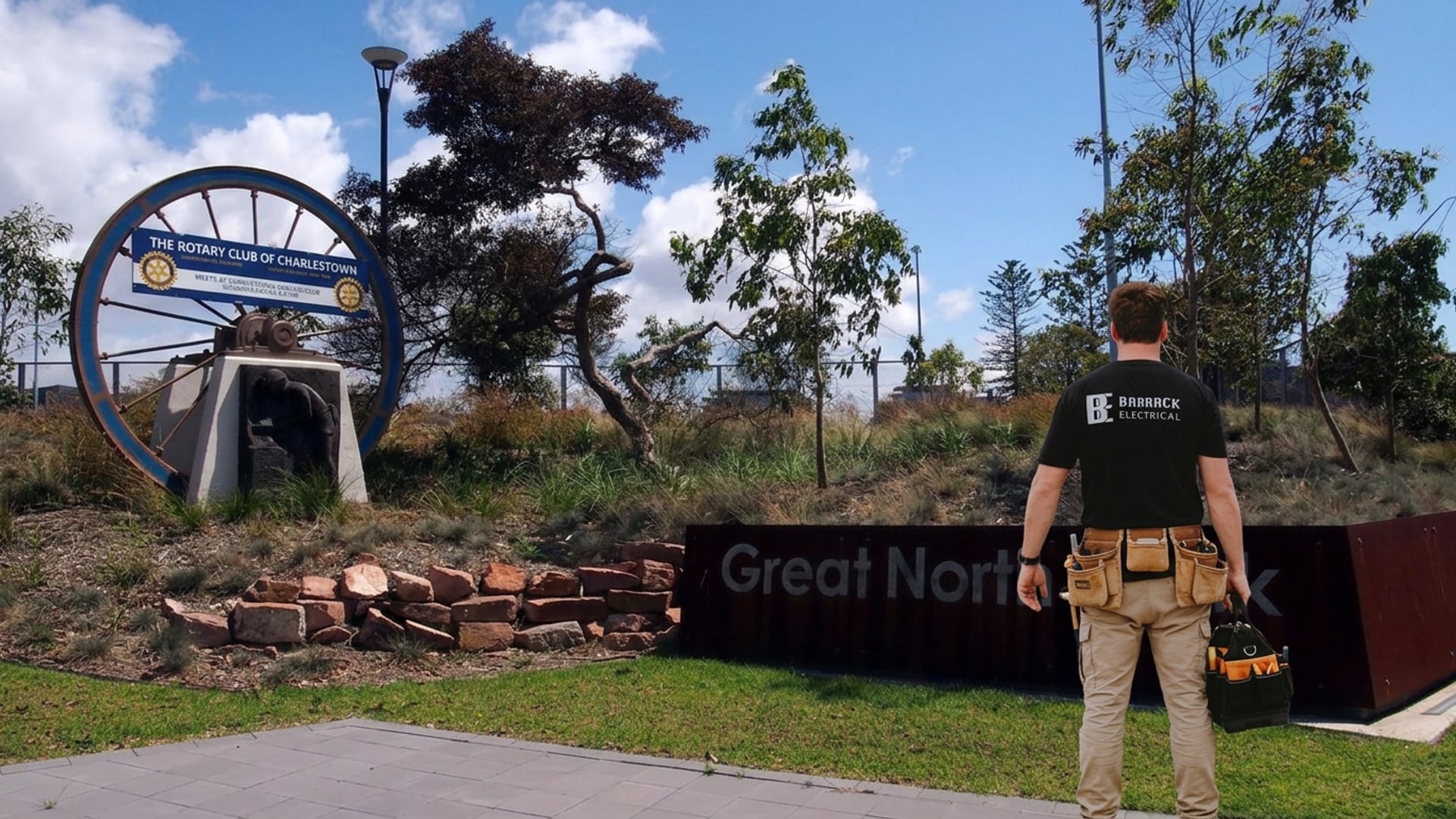 A Barrack Electrical electrician beside the Great North Walk marker at Charlestown