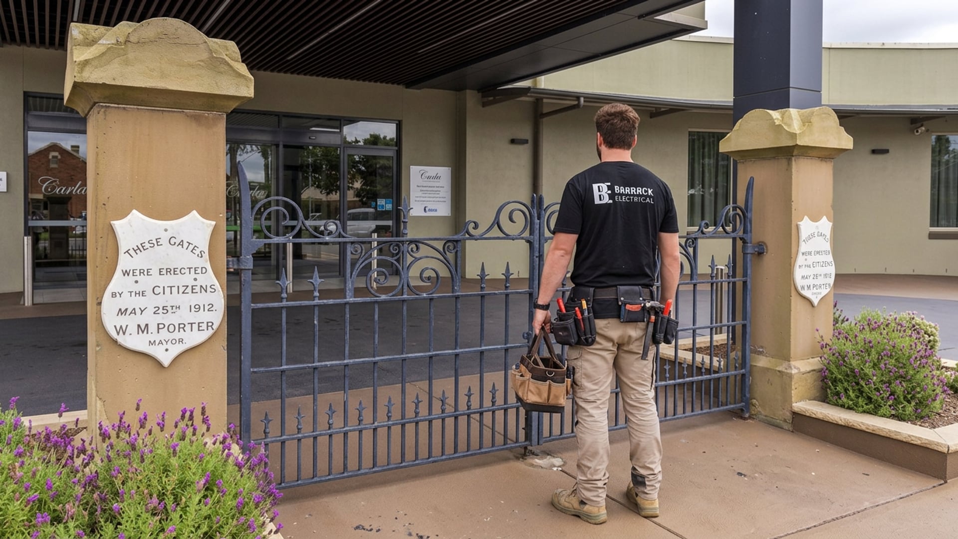 A Barrack Electrical electrician beside the Jubilee gates at East Maitland