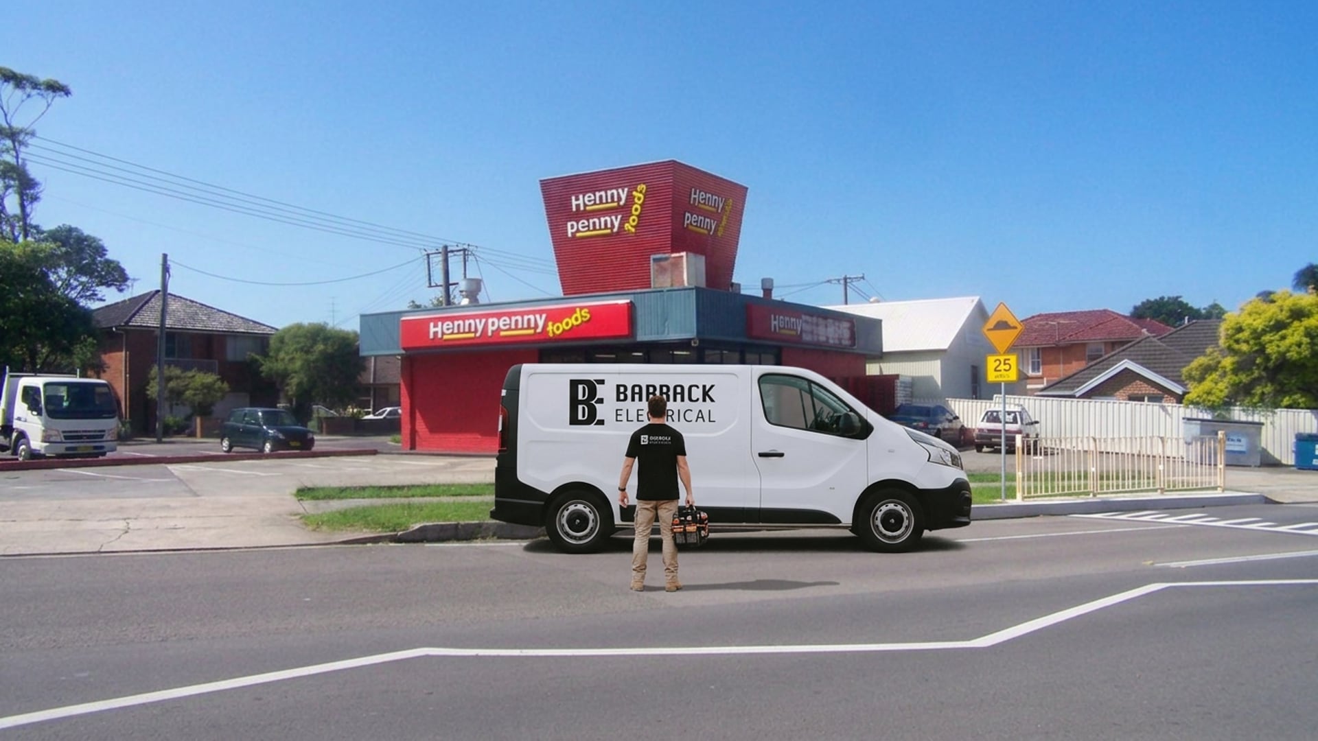 A Barrack Electrical van and electrician outside the Henny Penny takeaway at Georgetown