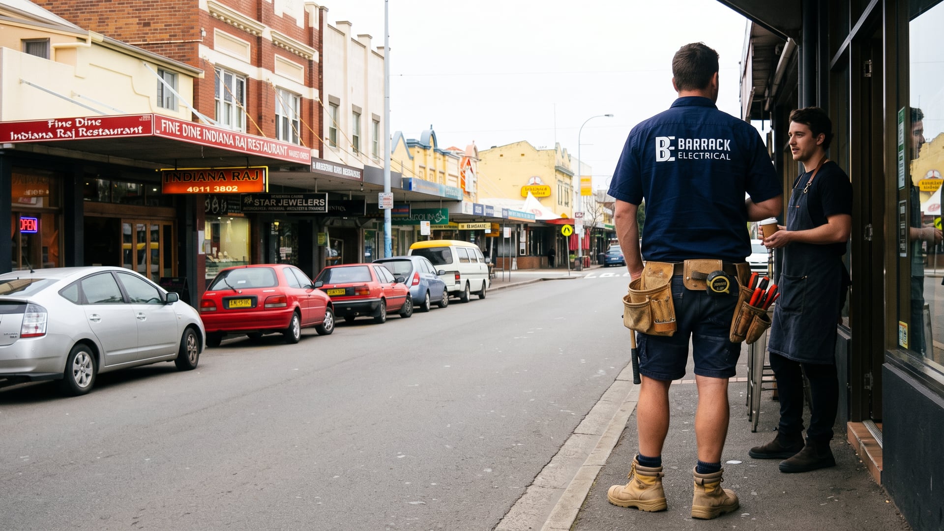 A Barrack Electrical electrician in a tool belt talking with a cafe worker on the footpath in Beaumont Street, Hamilton