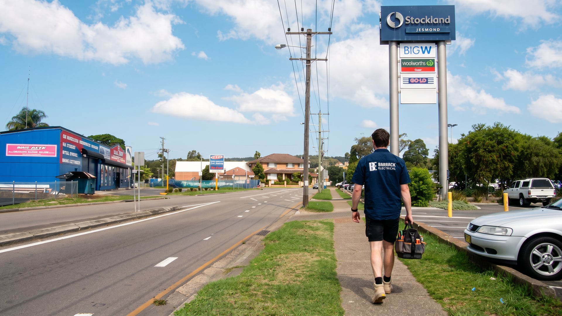 A Barrack Electrical electrician walking along Blue Gum Road at Jesmond with his tool bag