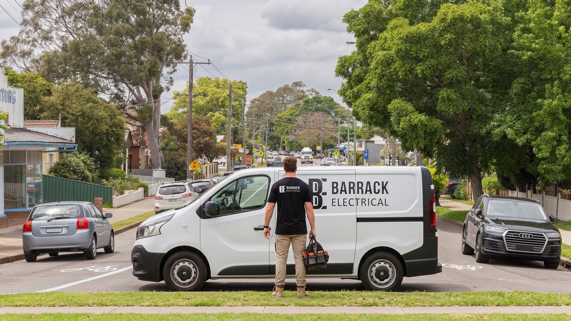 A Barrack Electrical van under the street trees on Belmore Road at Lorn