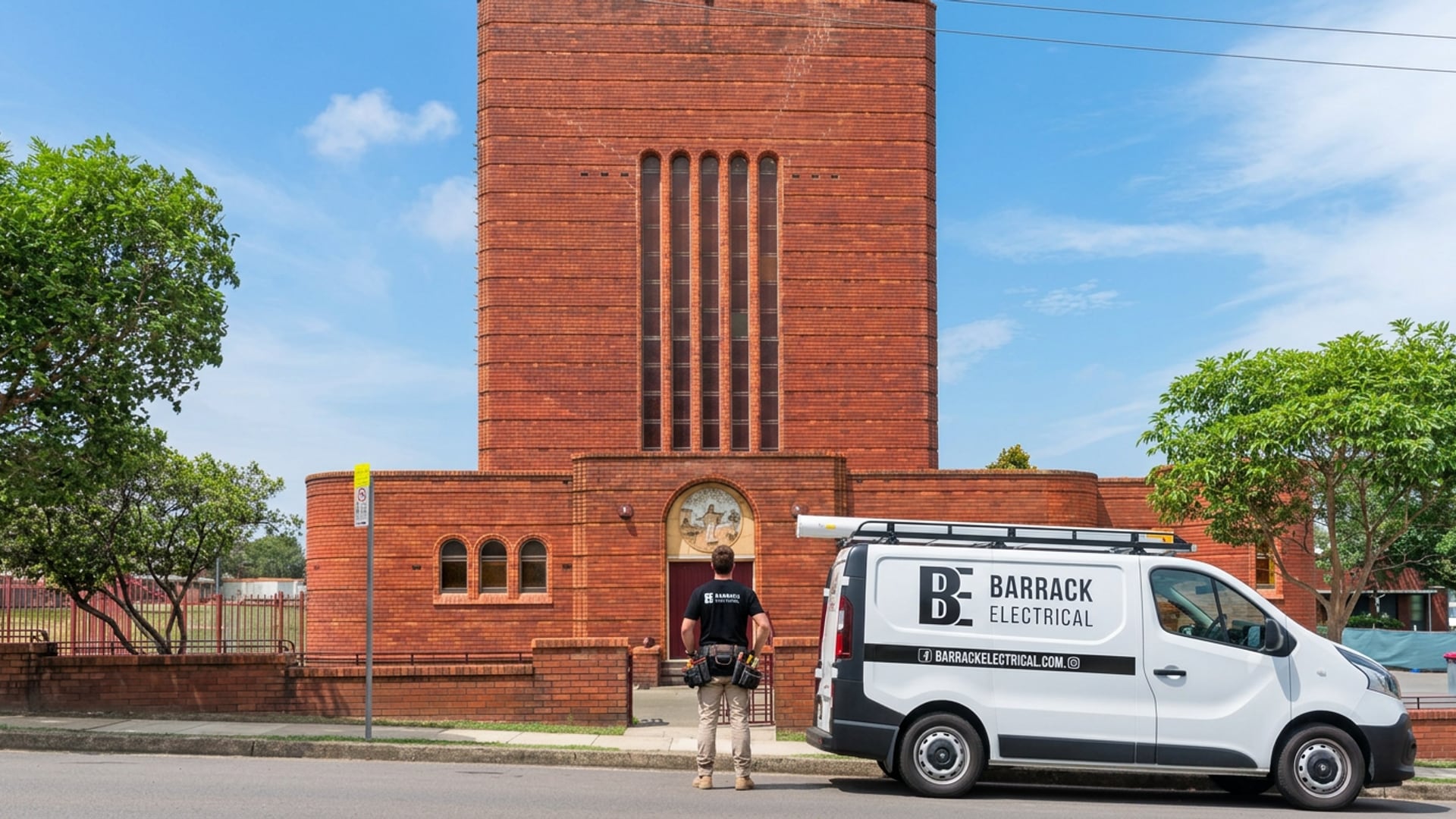 A Barrack Electrical van outside St Columban's Church at Mayfield