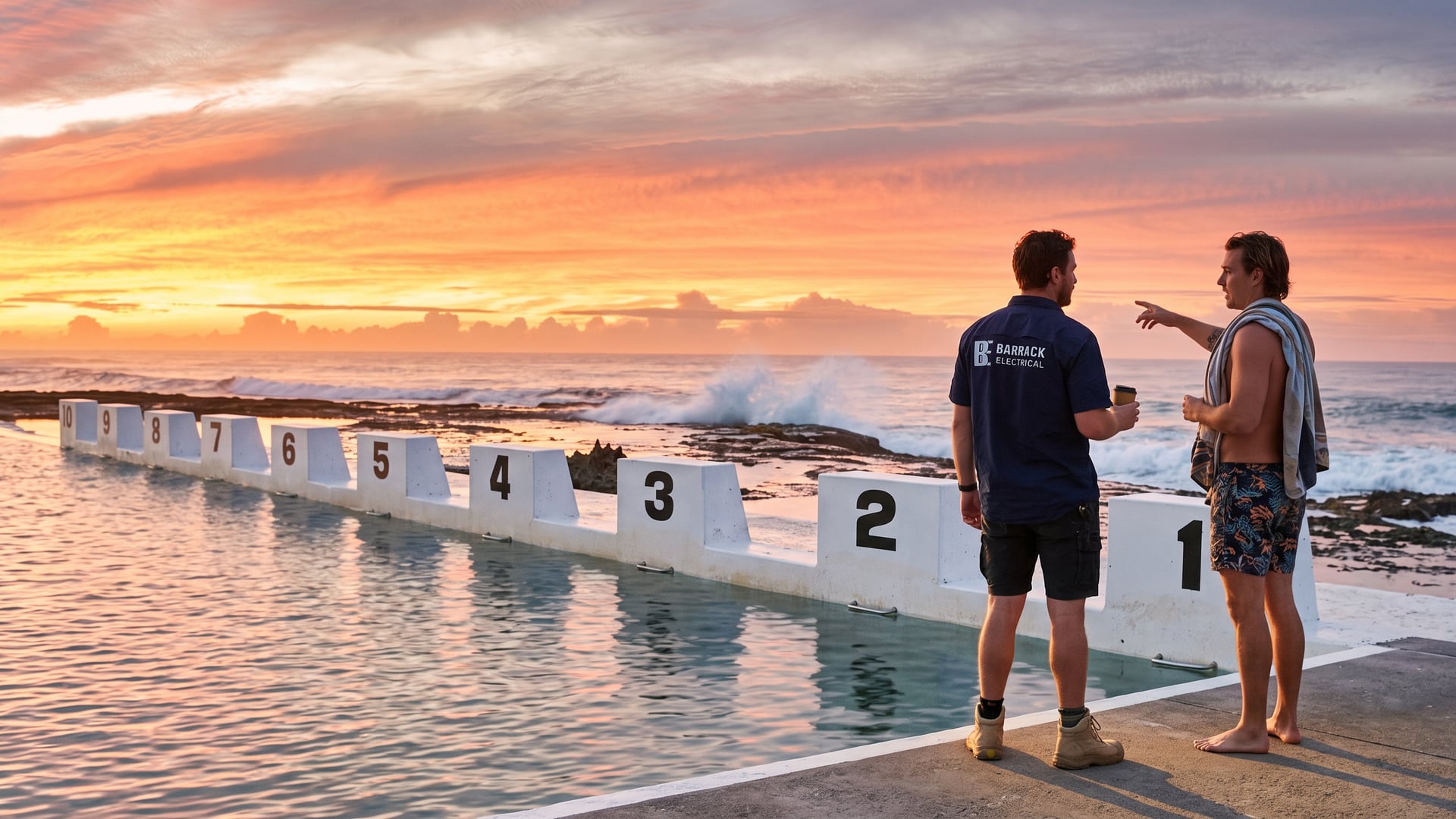 A Barrack Electrical electrician talking with a swimmer on the edge of Merewether Ocean Baths at dawn