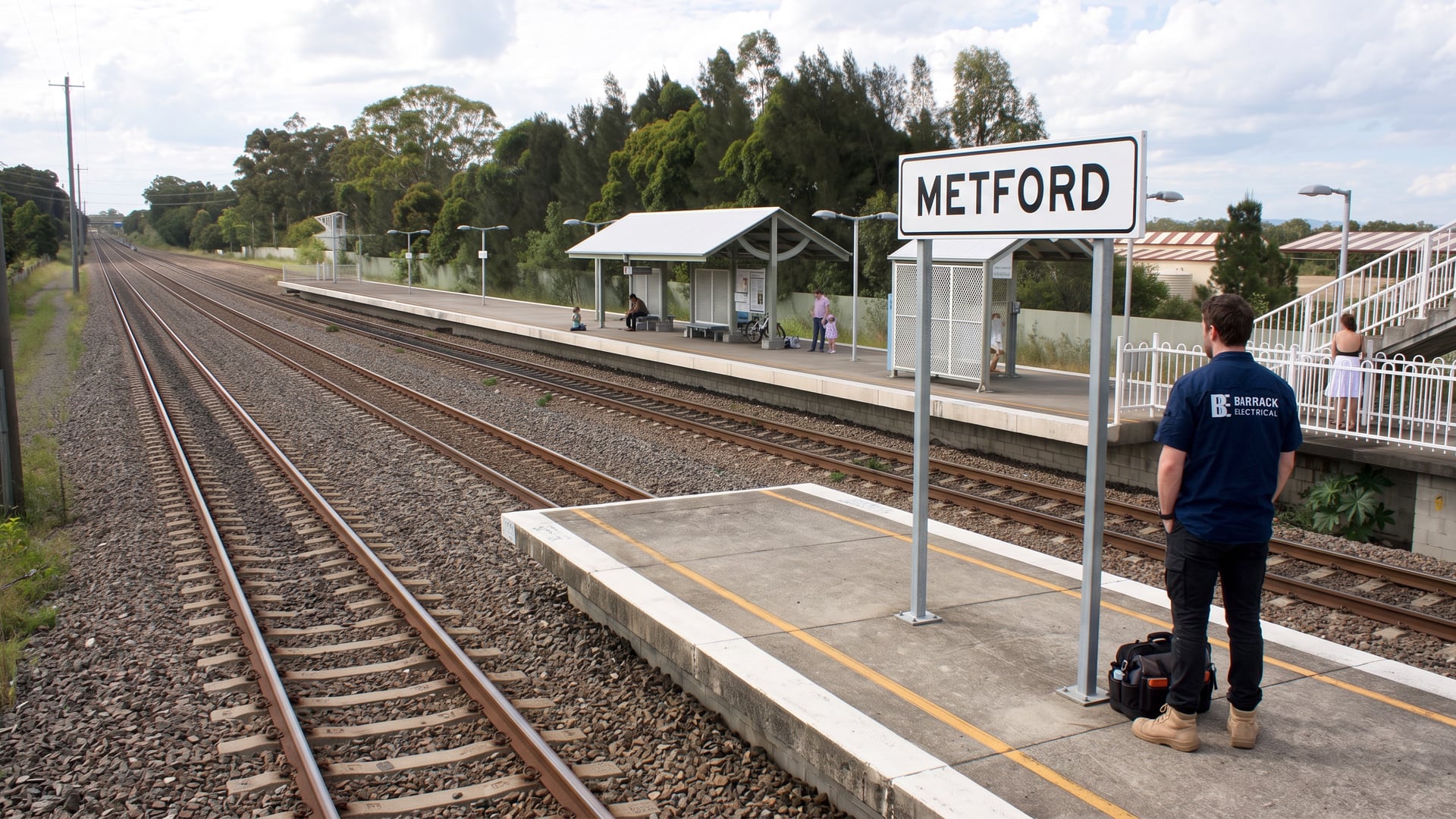 A Barrack Electrical electrician standing beside the station nameboard on the platform at Metford railway station