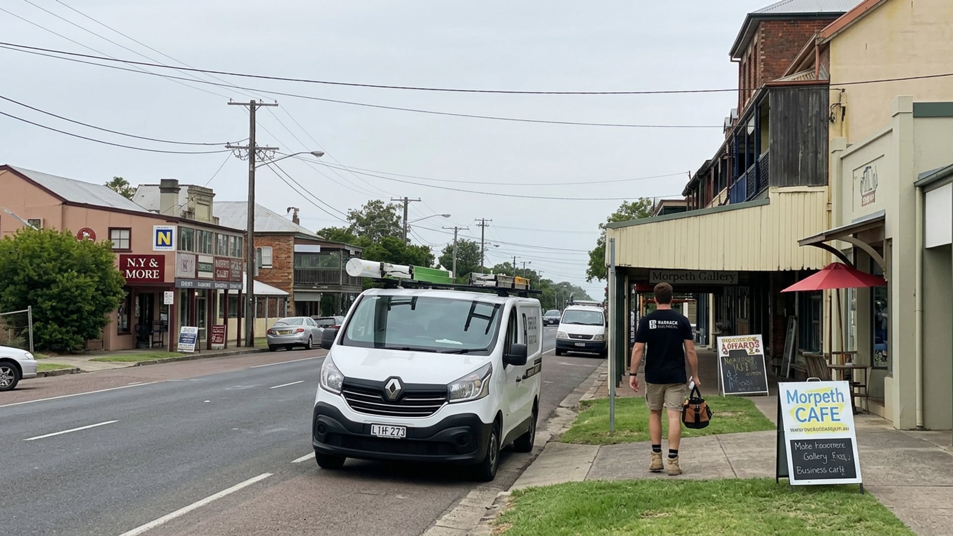 A Barrack Electrical van at the kerb on the heritage main street at Morpeth