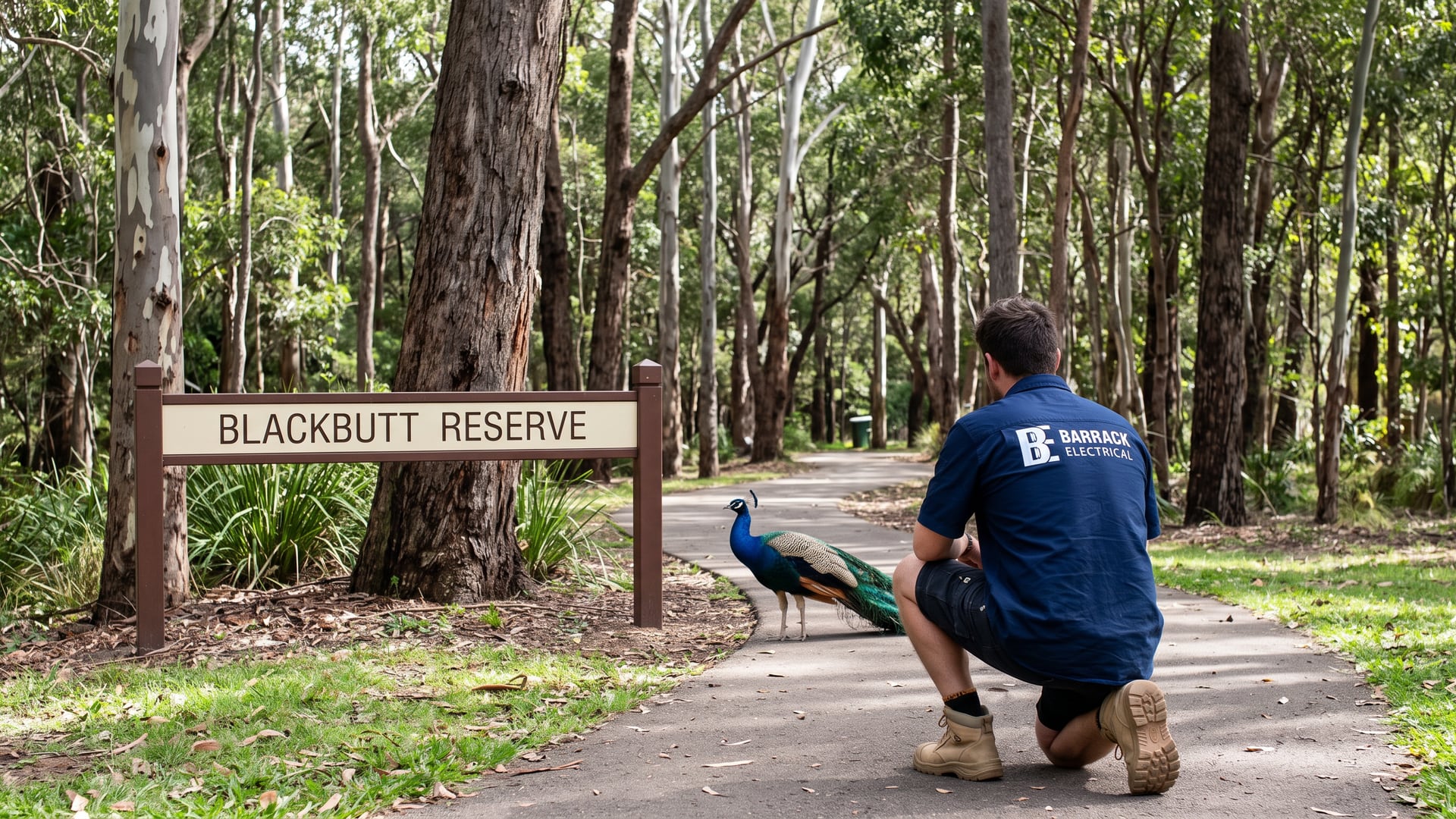A Barrack Electrical electrician crouched on the path at Blackbutt Reserve, New Lambton, watching a peacock beside the reserve sign