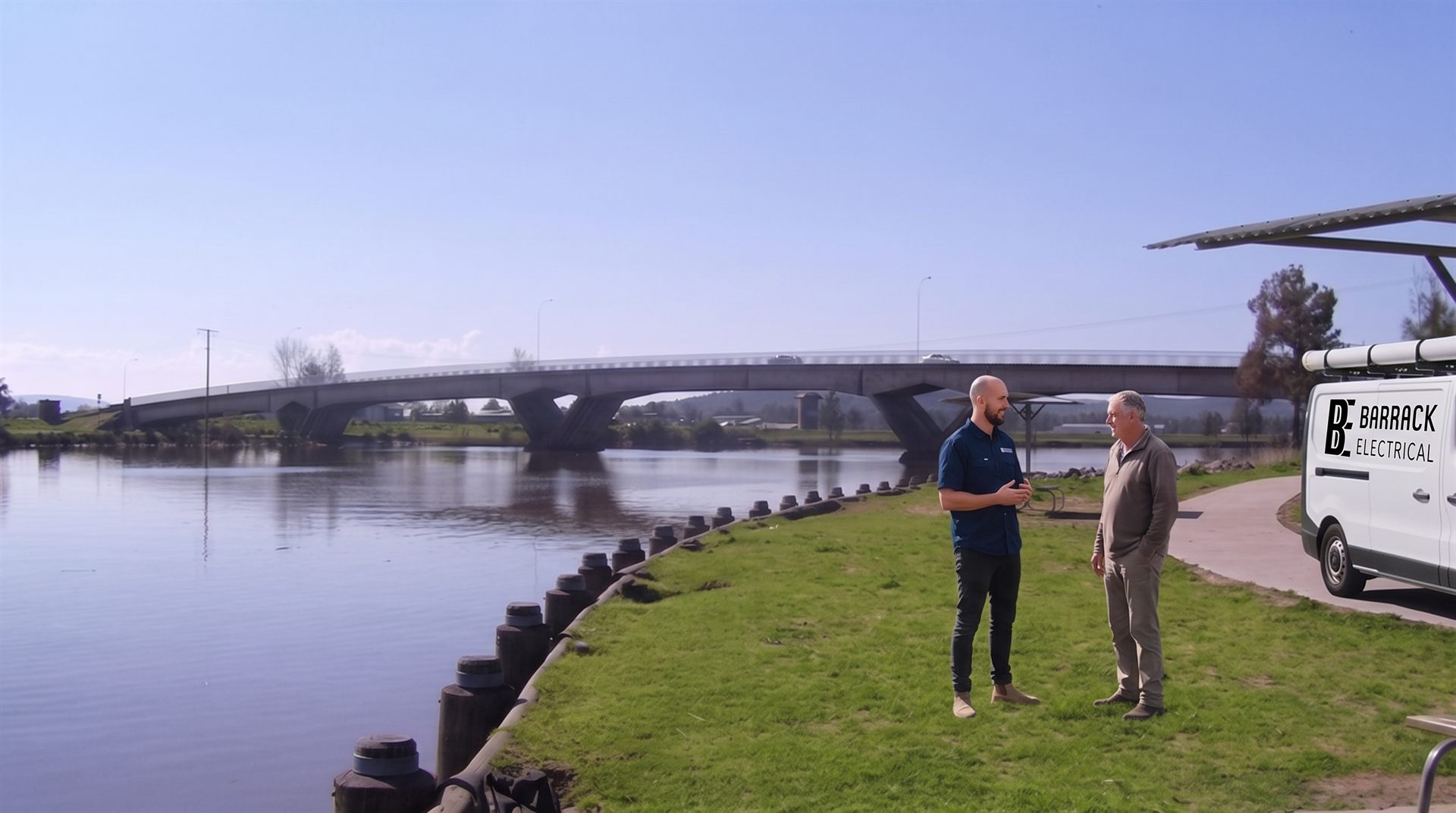 Barrack Electrical electrician chatting with a local on the Raymond Terrace riverfront, work van parked nearby