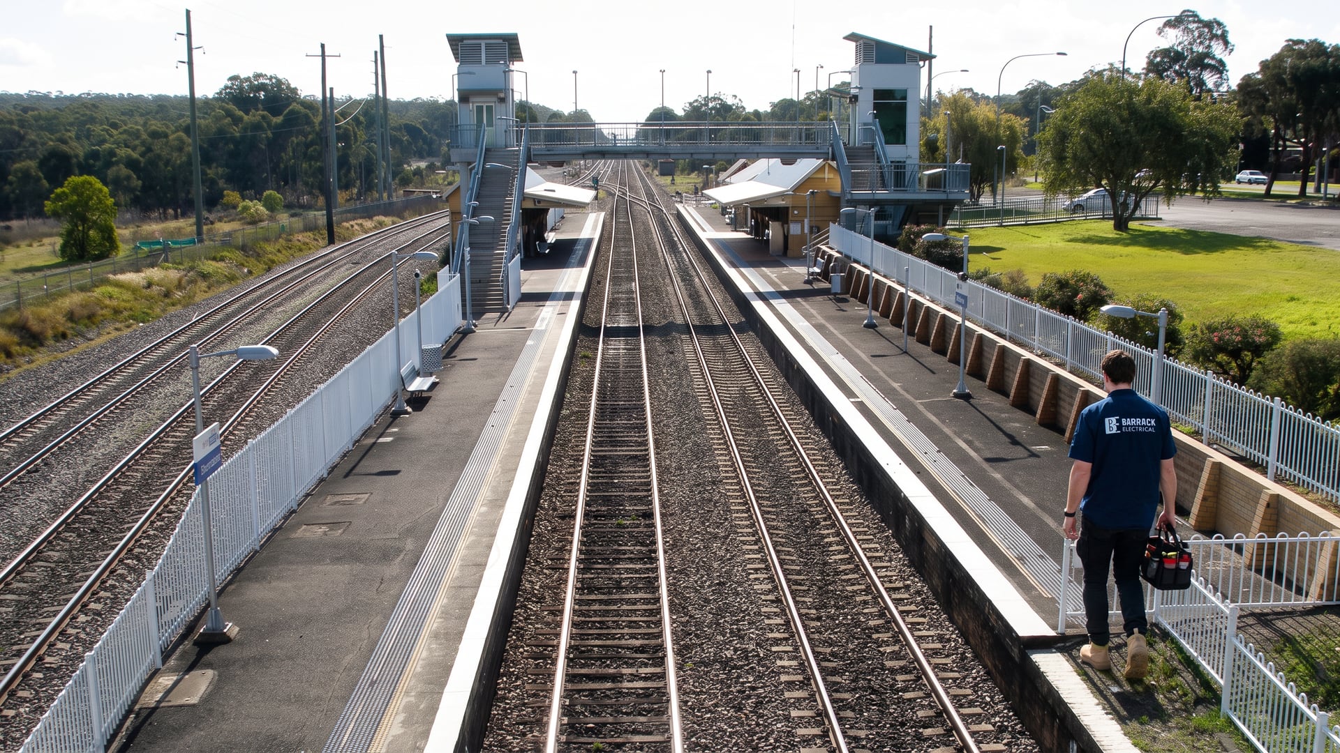 A Barrack Electrical electrician walking the platform at Thornton railway station with his tool bag