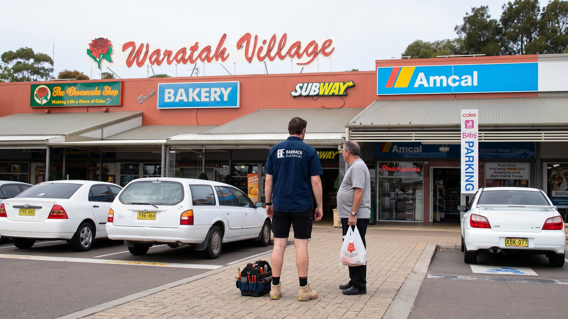 A Barrack Electrical electrician talking with a shopper outside Waratah Village shopping centre