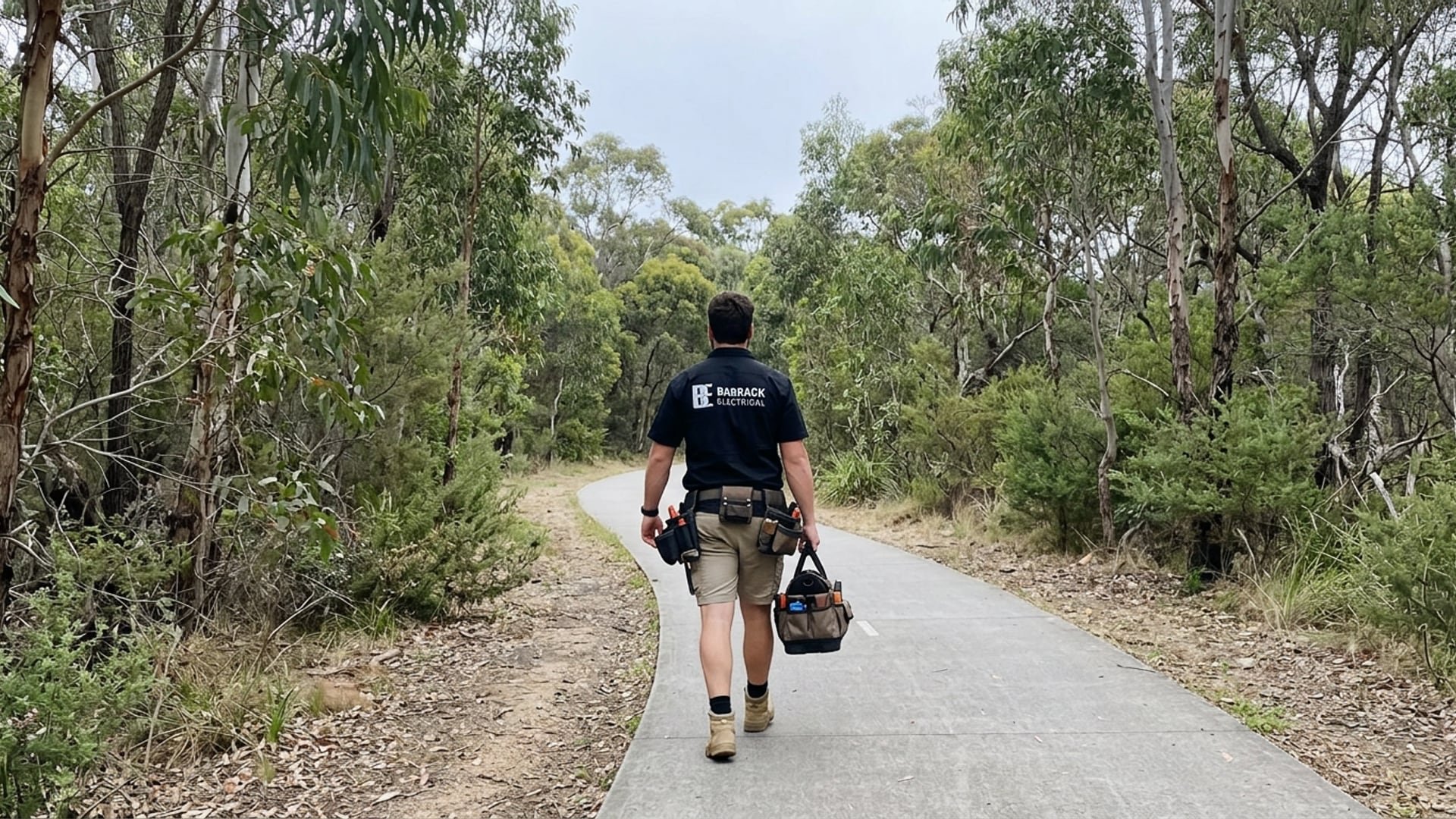 A Barrack Electrical electrician walking the Fernleigh Track with a tool bag