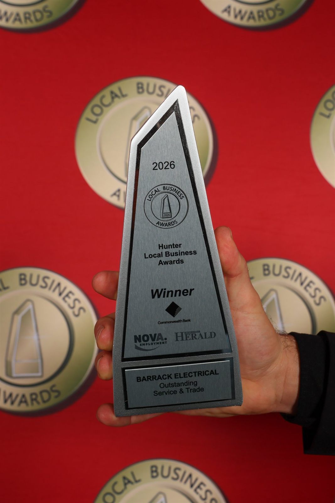 2026 Hunter Local Business Awards winner trophy for Barrack Electrical, Outstanding Service and Trade
