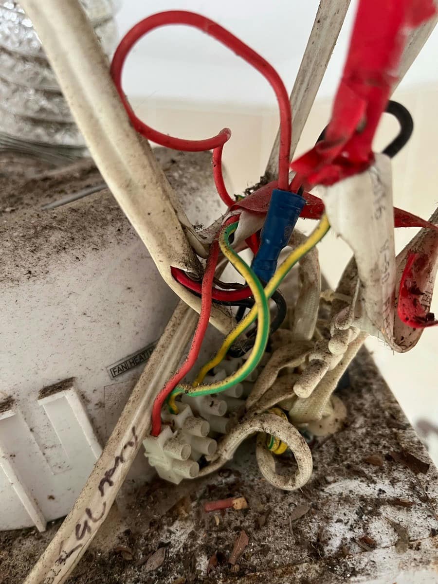Old cotton-covered conductors twisted into porcelain connectors at a ceiling fitting, the braid frayed and grey