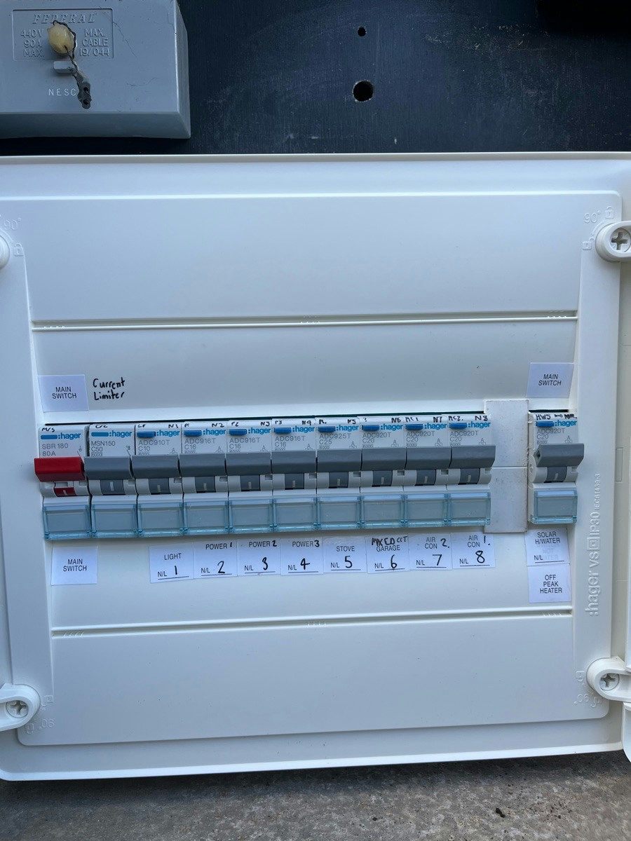 A new labelled board with a breaker for each circuit