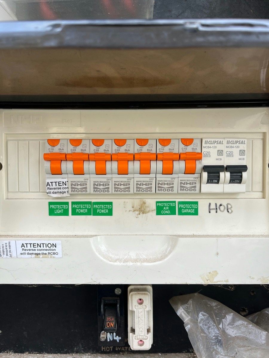 A finished switchboard with every circuit labelled and protected by its own safety switch