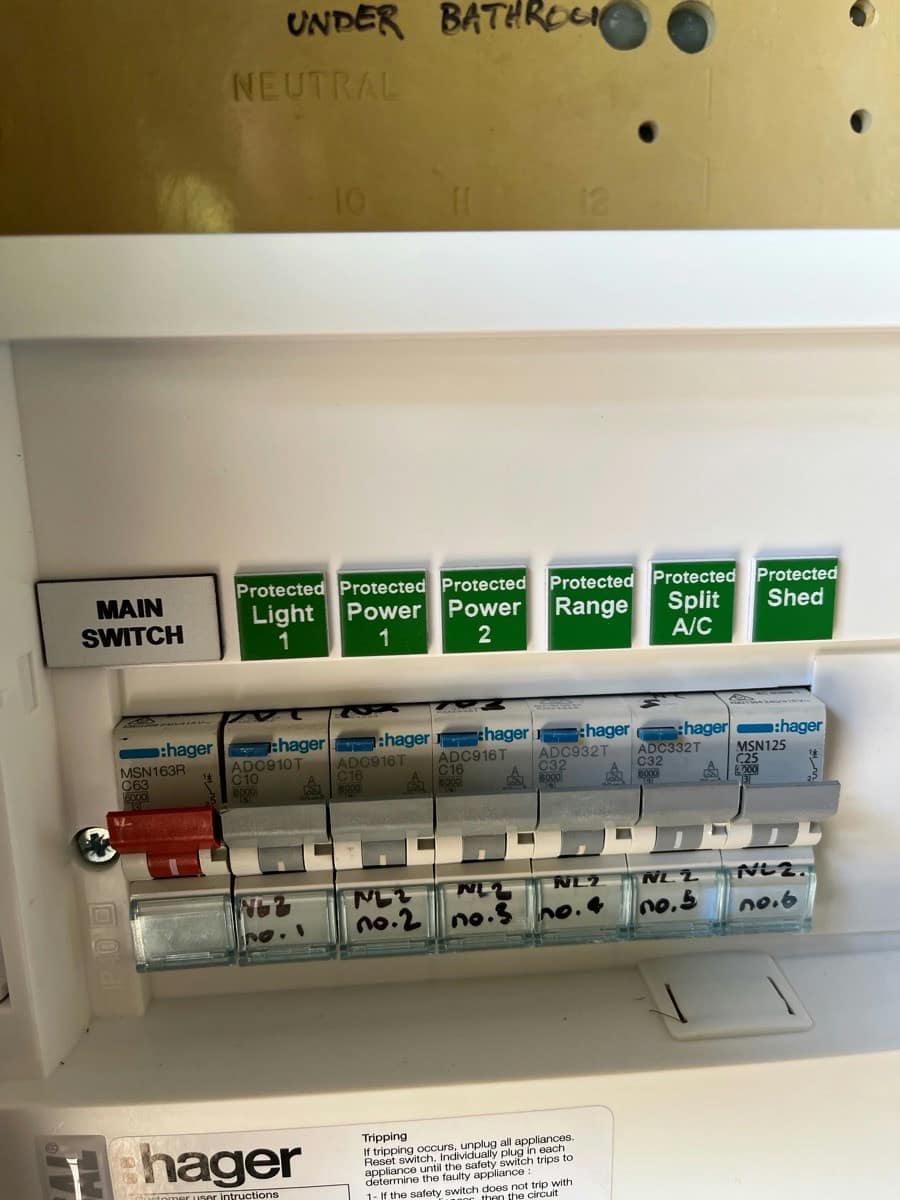 A new consumer unit with the main switch and six circuits, each labelled Protected