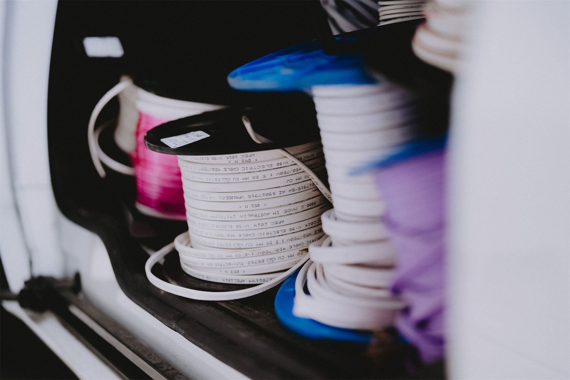 Reels of cable stocked in a Barrack Electrical van