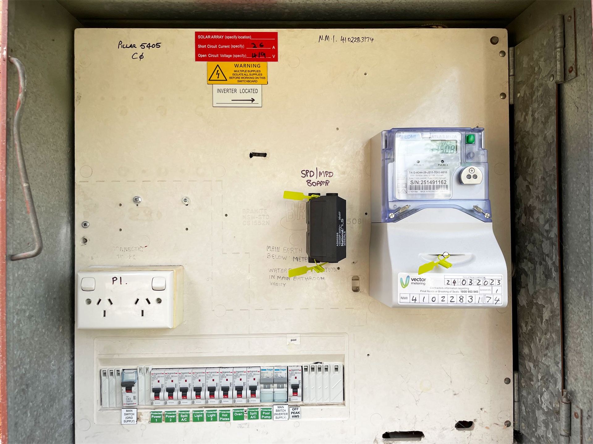 Switchboard and meter panel in a garage